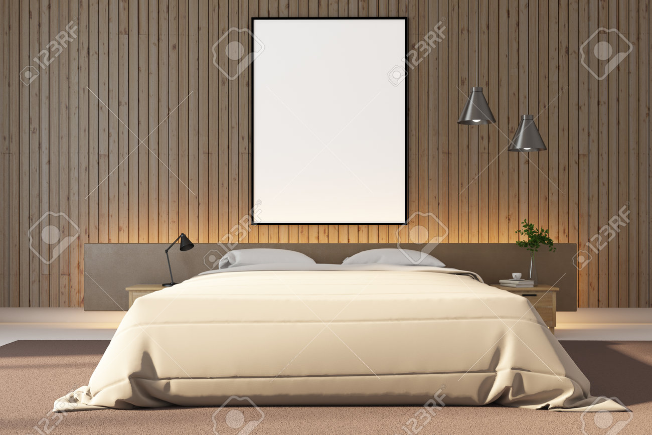 Luxury Bedroom With Blank Poster On Wooden Wall Furniture And Decorative Items Art And Design Concept Mock Up 3d Rendering Stock Photo Picture And Royalty Free Image Image 161829831