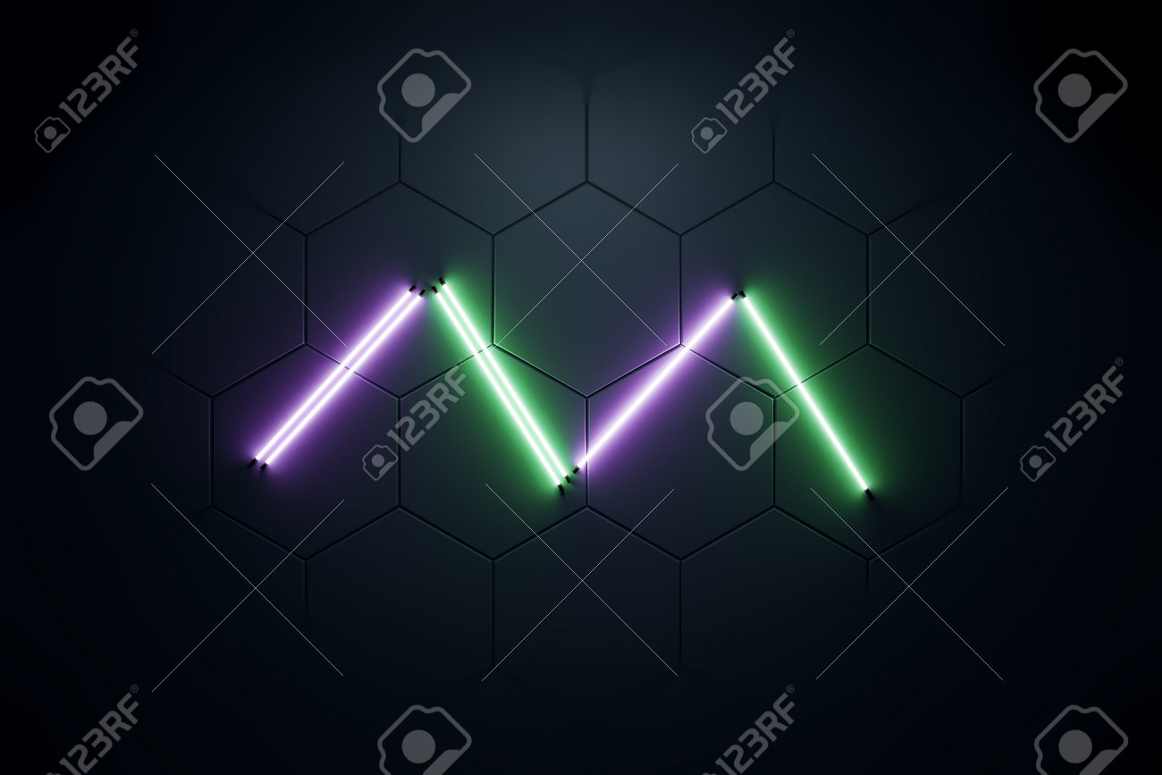 Creative Background With Neon Lights M Letter On Dark Hexagonal Tile  Background. Design And Light Concept. 3D Rendering Фотография, картинки,  изображения и сток-фотография без роялти. Image 188987488
