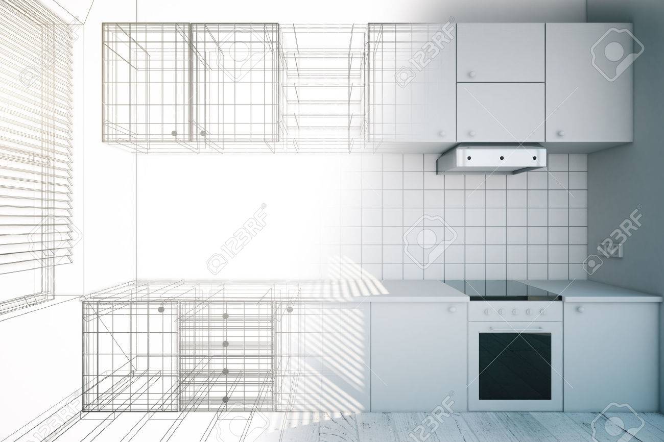 Design of new white kitchen interior with blueprint, 3D Render - 54116335 Design of new white kitchen interior with blueprint, 3D Render - 54116335