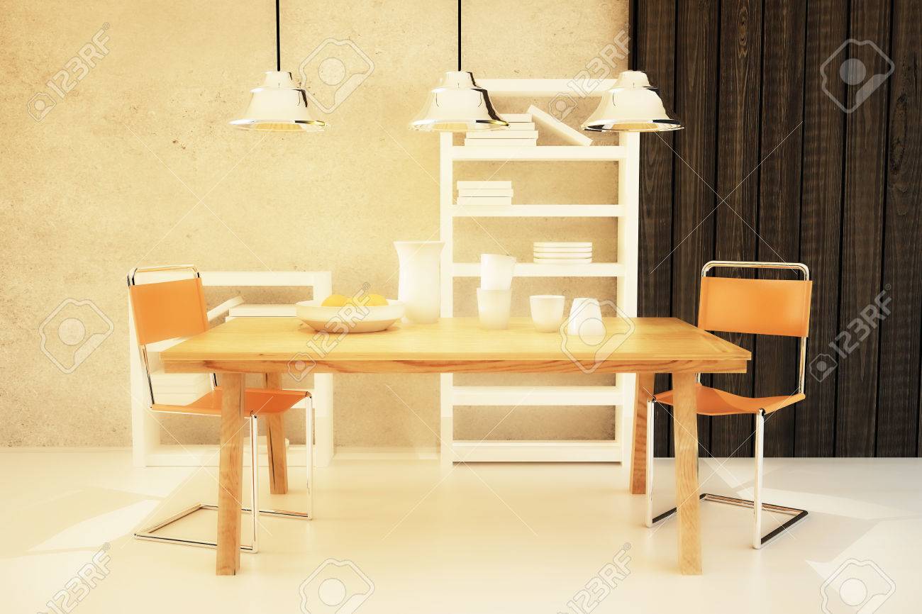 Hölzerner Esstisch Und Stühle Im Modernen Interieur Mit Langen ... Hölzerner Esstisch Und Stühle Im Modernen Interieur Mit Langen ...