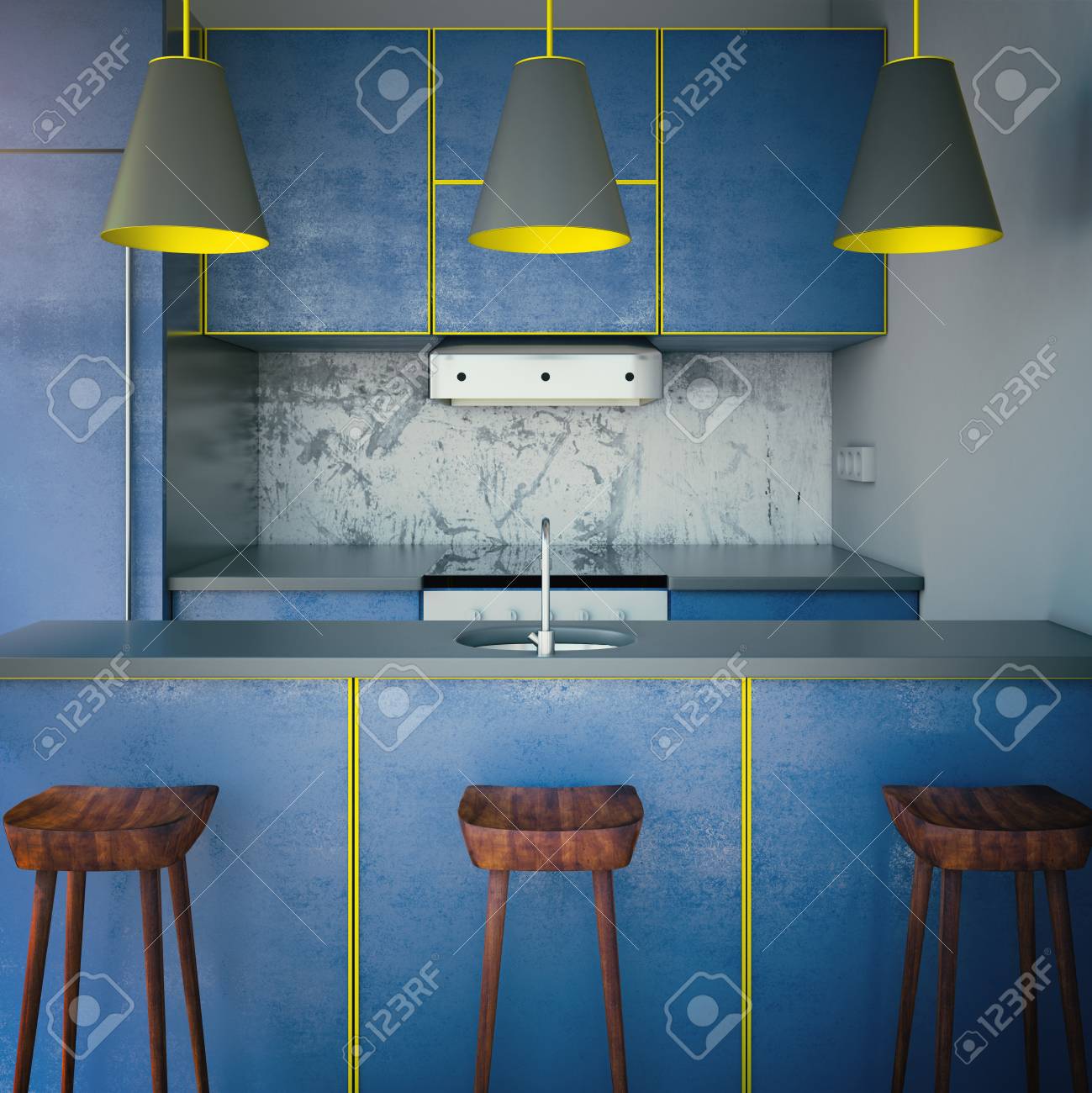 Entre El Diseño Azul De La Cocina Moderna Con Tres Lámparas Y Sillas ... Entre El Diseño Azul De La Cocina Moderna Con Tres Lámparas Y Sillas ...