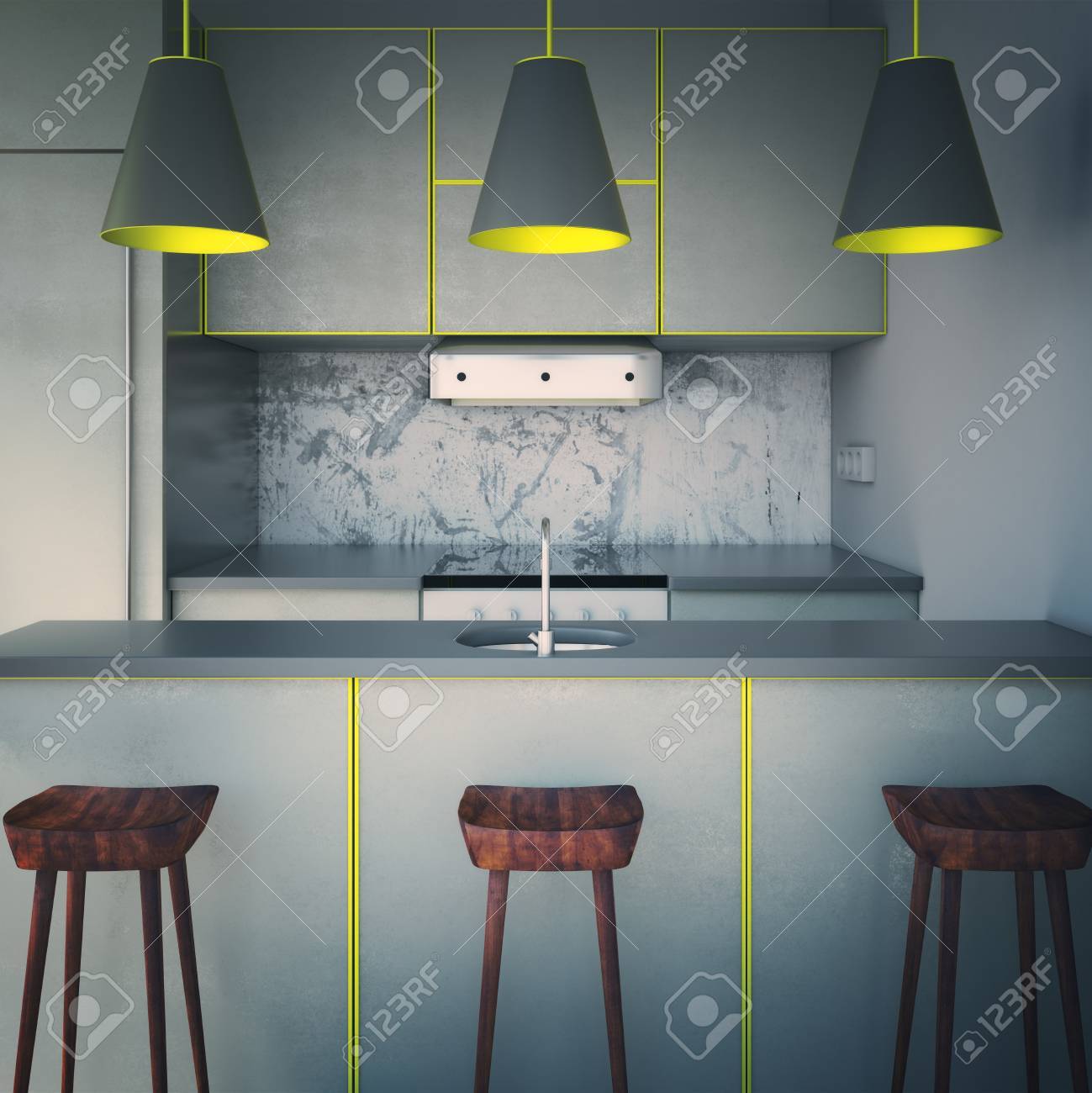 Diseño Gris Moderno Interior De La Cocina Con Tres Lámparas Y Sillas ... Diseño Gris Moderno Interior De La Cocina Con Tres Lámparas Y Sillas ...