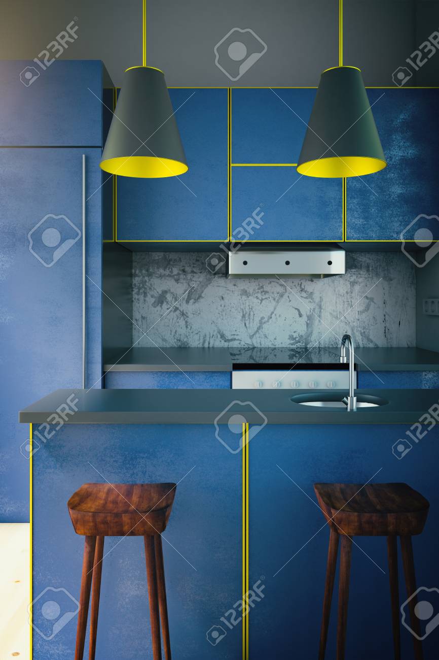 Diseño Interior De La Cocina Azul Moderno Con Dos Lámparas Y Sillas ... Diseño Interior De La Cocina Azul Moderno Con Dos Lámparas Y Sillas ...