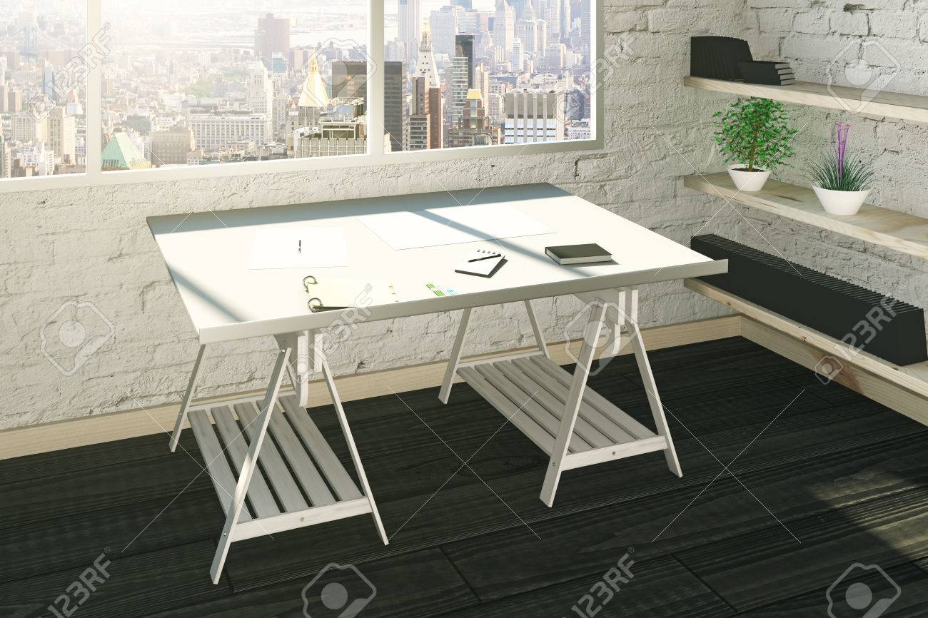 work place in studio interior with brick walls city view and