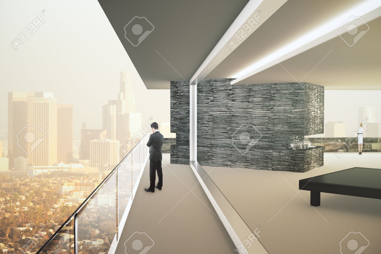 Il design degli interni con uomini daffari e vista panoramica della ... Design degli interni