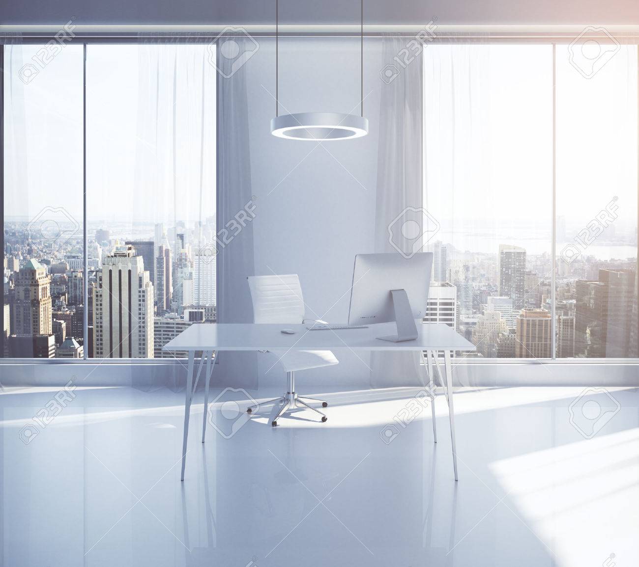 bright modern office interior design with workplace sunlight
