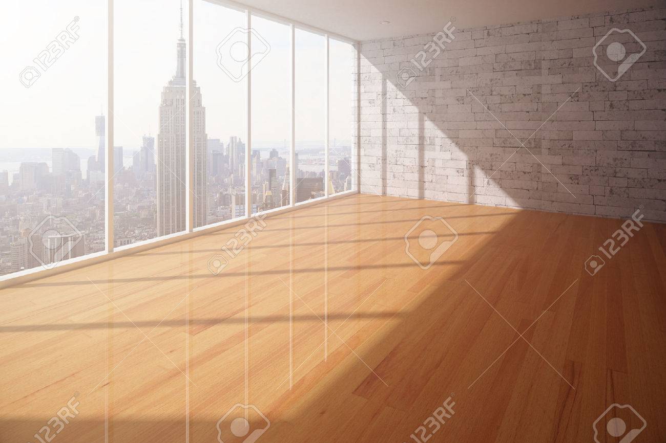 木の床 レンガの壁とニューヨークの空のインテリア 3 D レンダリング の写真素材 画像素材 Image