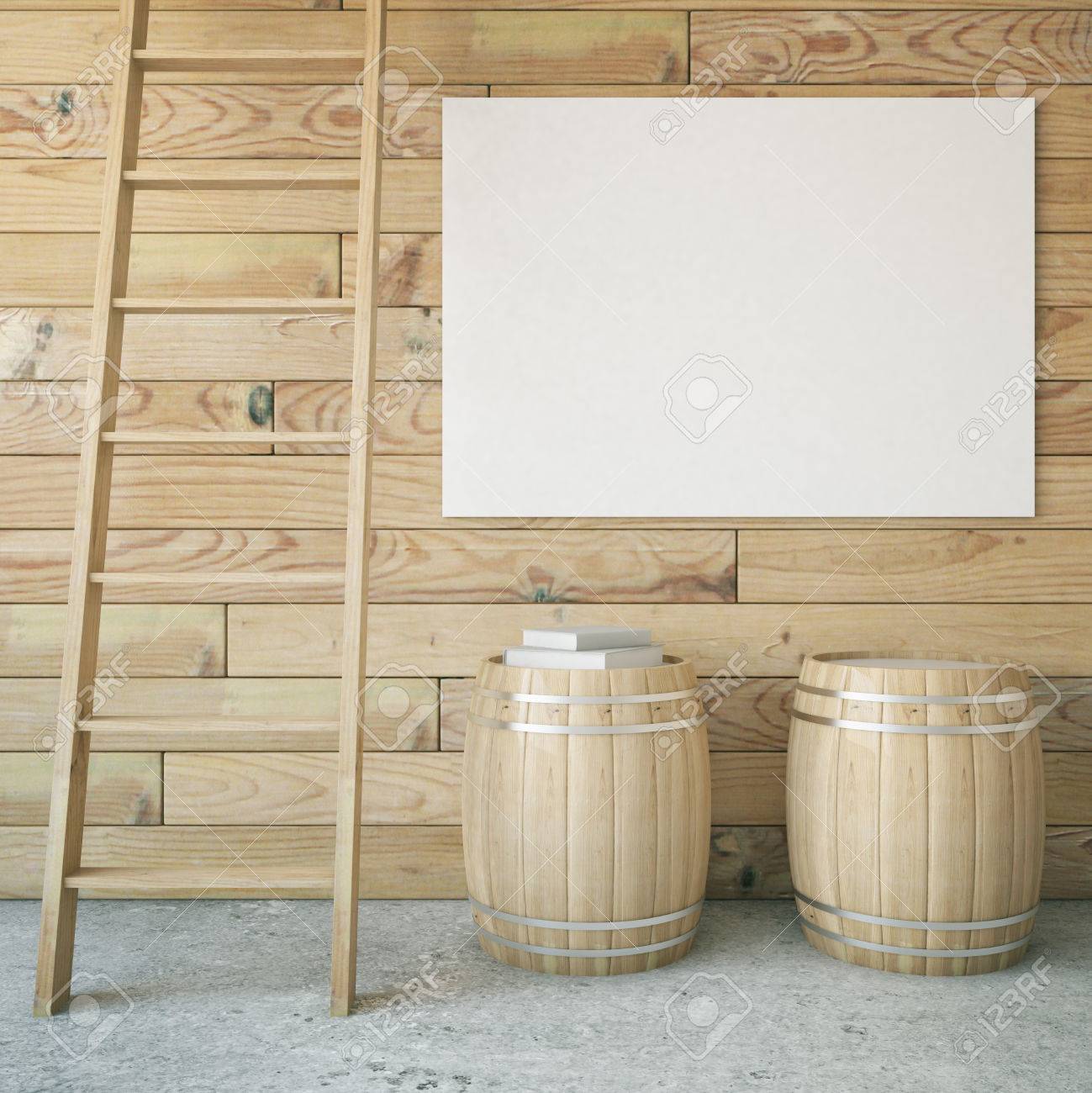 Holz Interieur Mit Leiter Zwei Fässer Und Leere Plakatwand Mock Up