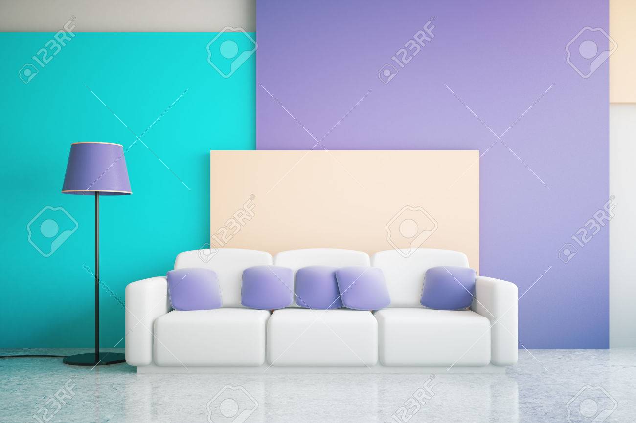 Lila Wohnzimmer, vibrant blau und lila wohnzimmer interieur mit großen sofa und, Design ideen