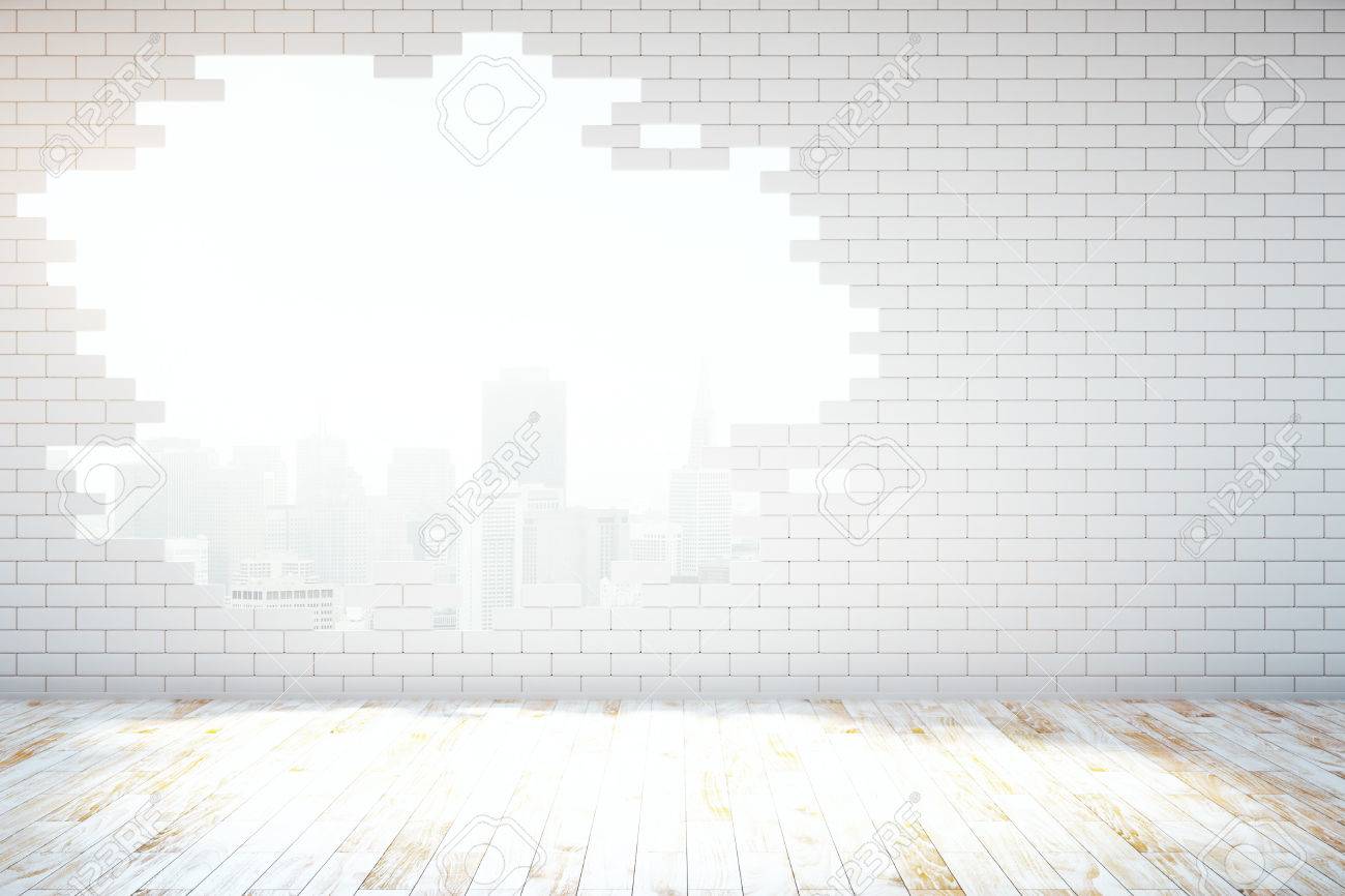 Abstract broken white brick wall with New York city view in room with wooden floor. 3D Rendering - 64816836 Abstract broken white brick wall with New York city view in room with wooden floor. 3D Rendering - 64816836