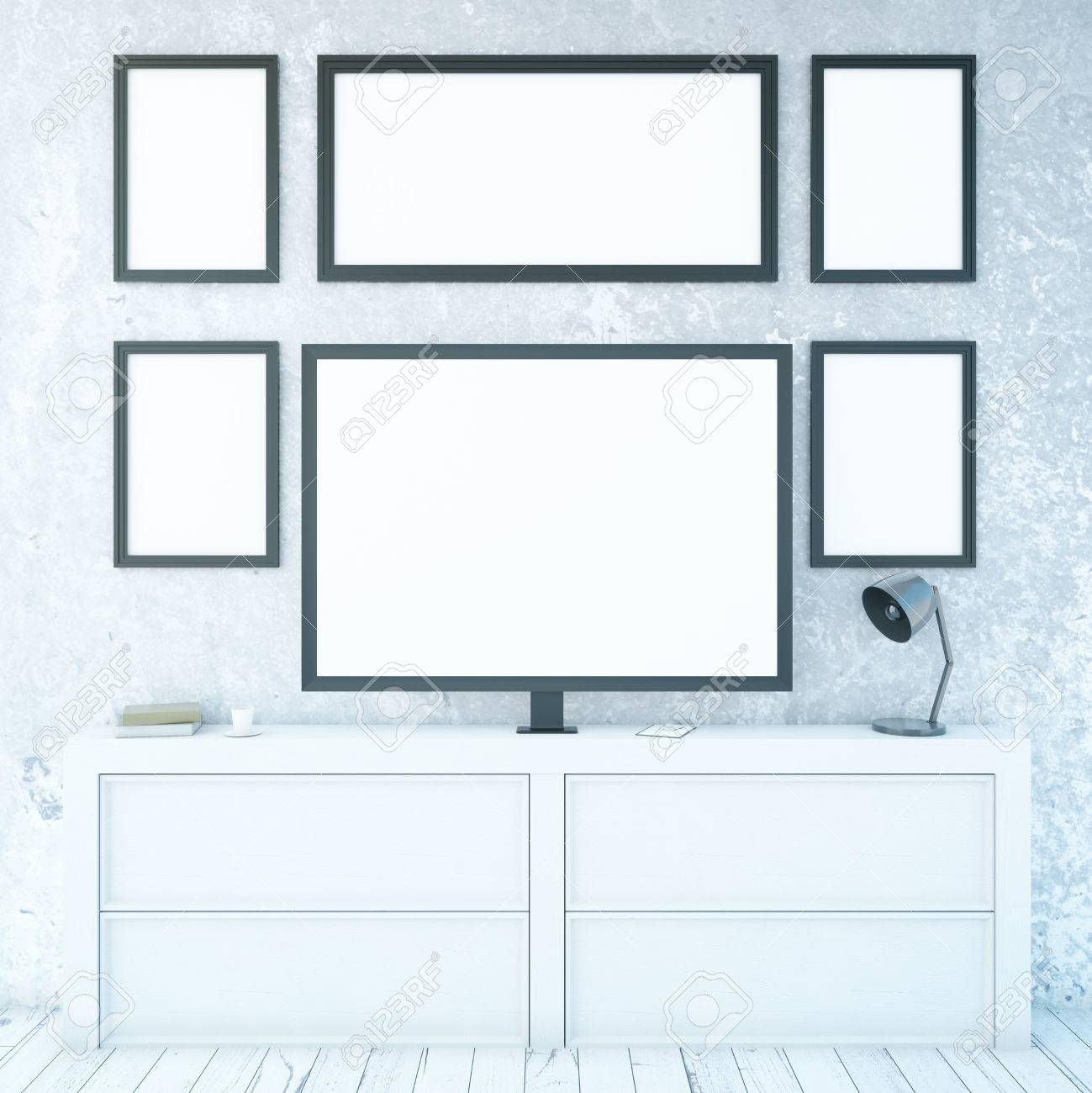 Frontansicht Des Weissen Schrank Mit Leeren Bildschirm Bilderrahmen Tischlampe Und Andere Gegenstande Mock Up 3d Rendering Lizenzfreie Fotos Bilder Und Stock Fotografie Image