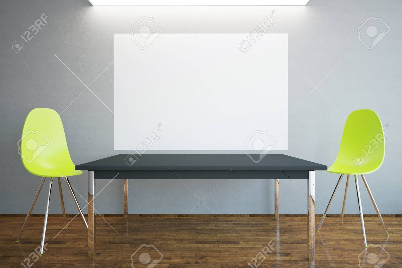 BoisDes La Au Deux Lumineuses En Béton Plancher Du BlancUne À Table L'intérieur Murs Chaises Panneau Vue Face De Lumière Et Avec H2IEWDY9