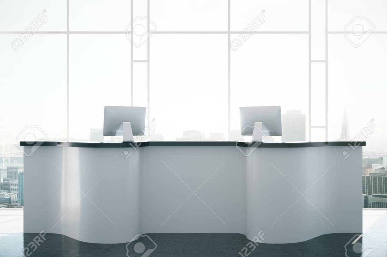 Front View Of Creative White Reception Desk On Window With City View  Background. 3D Rendering Stock Photo, Picture and Royalty Free Image. Image  68507967., image size:1300x866