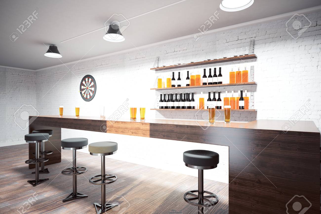 Side View Of Modern Pub Interior With Counter Stools Shelves