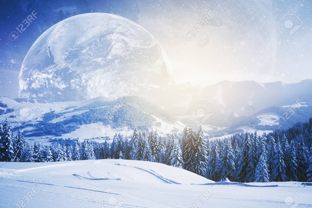 Beautiful Winter Landscape And Huge Moon Wallpaper Backdrop
