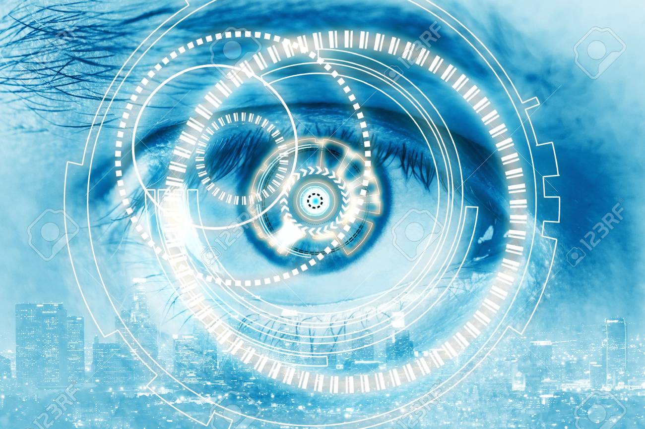 close up of blue cyber eye on city background double exposure