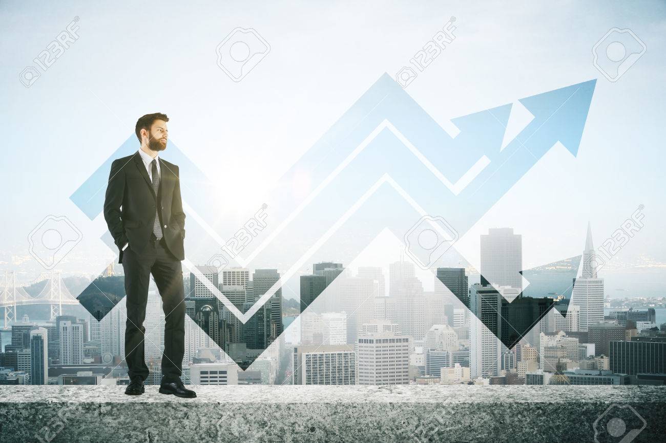 Man On Concrete Roof Top With Arrows. City Background. Success Concept  Stock Photo, Picture And Royalty Free Image. Image 75082397.