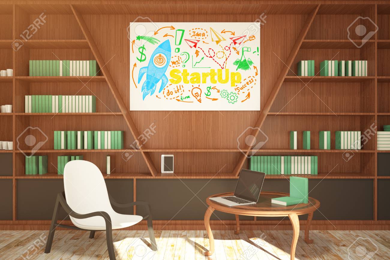 Modern Library Interior With Chair Table Bookcase And Rocket Stock Photo Picture And Royalty Free Image Image 77189459