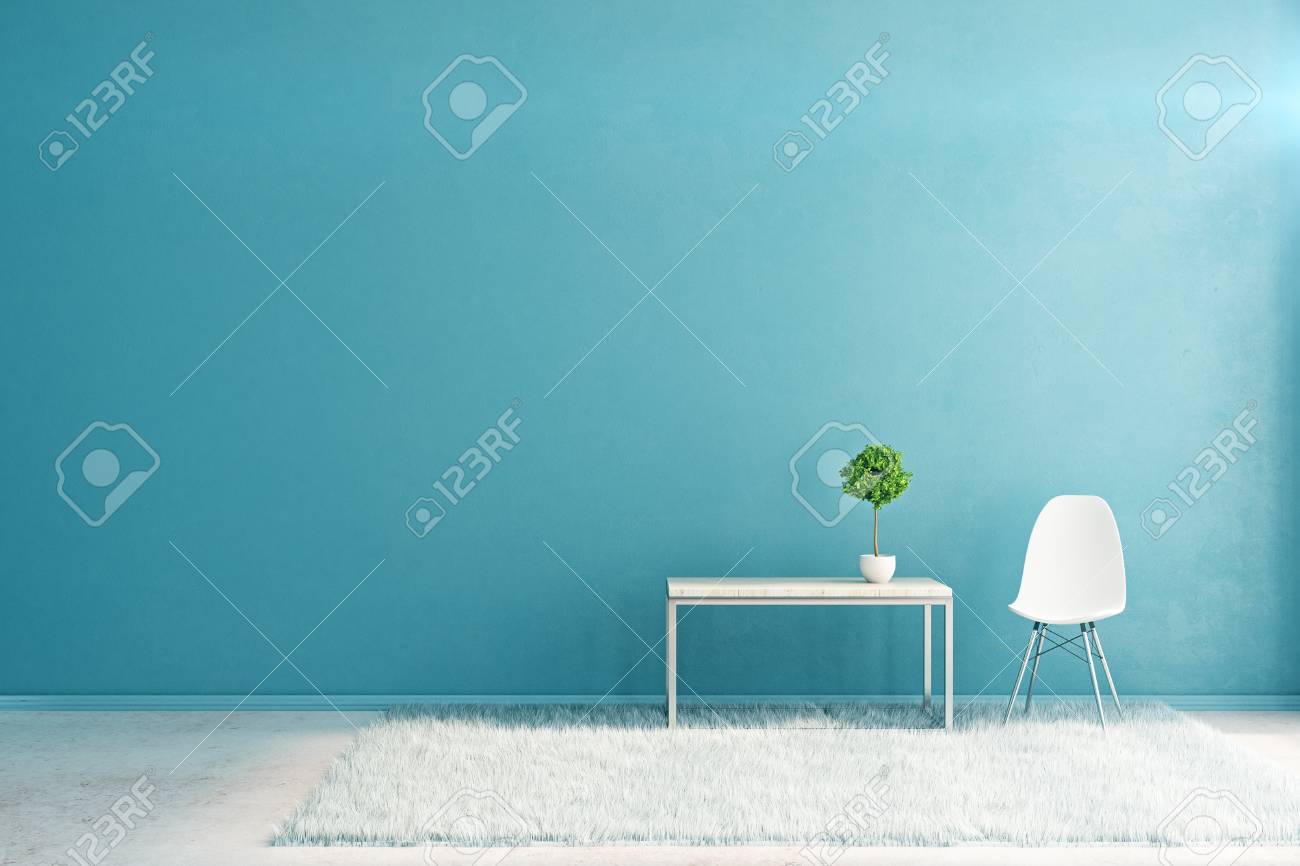 空の壁とブルーのインテリア 植物 椅子ふわふわカーペットとコーヒー テーブルの正面 モックアップ 3 D レンダリング の写真素材 画像素材 Image