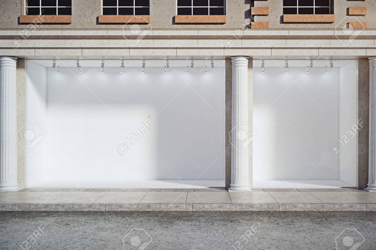 Front View Of Window Display With Empty Storefront And Columns Advertising Boutique Retail Concept Front View Of Window Display With Empty Storefront And Columns Advertising Boutique Retail Concept