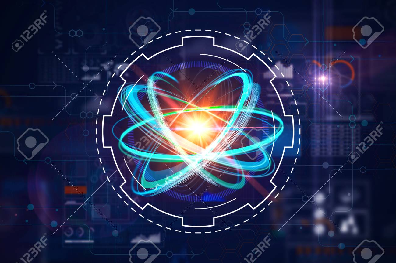 Creative Futuristic Digital Atom On Blue Background. Medicine ...