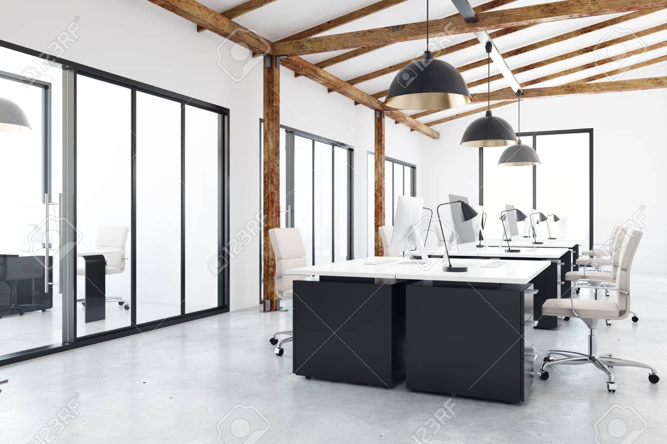 light coworking office interior with city view design and style