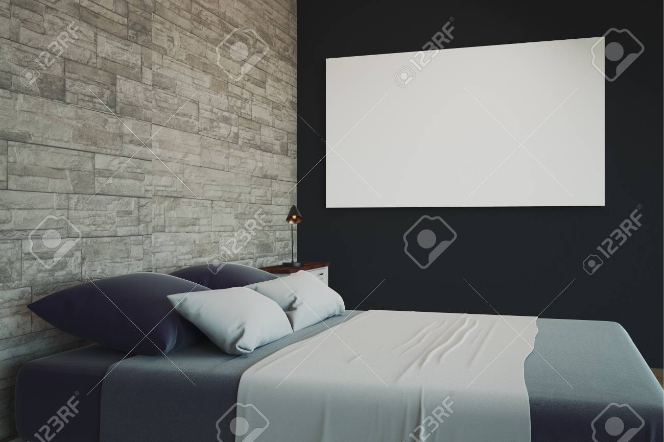 Modern Bedroom Interior Empty White Billboard On Wall Design