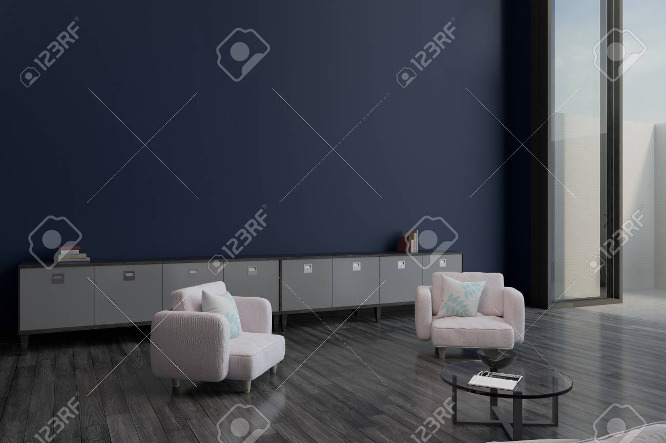 Empty Purple Wall In Modern Living Room With Wooden Floor Powder