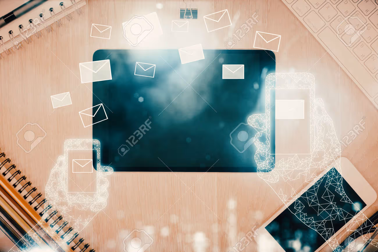 Multi exposure of envelop technology theme drawing over table with phone. Top view. Concept of electronic mail. - 175850977 Multi exposure of envelop technology theme drawing over table with phone. Top view. Concept of electronic mail. - 175850977