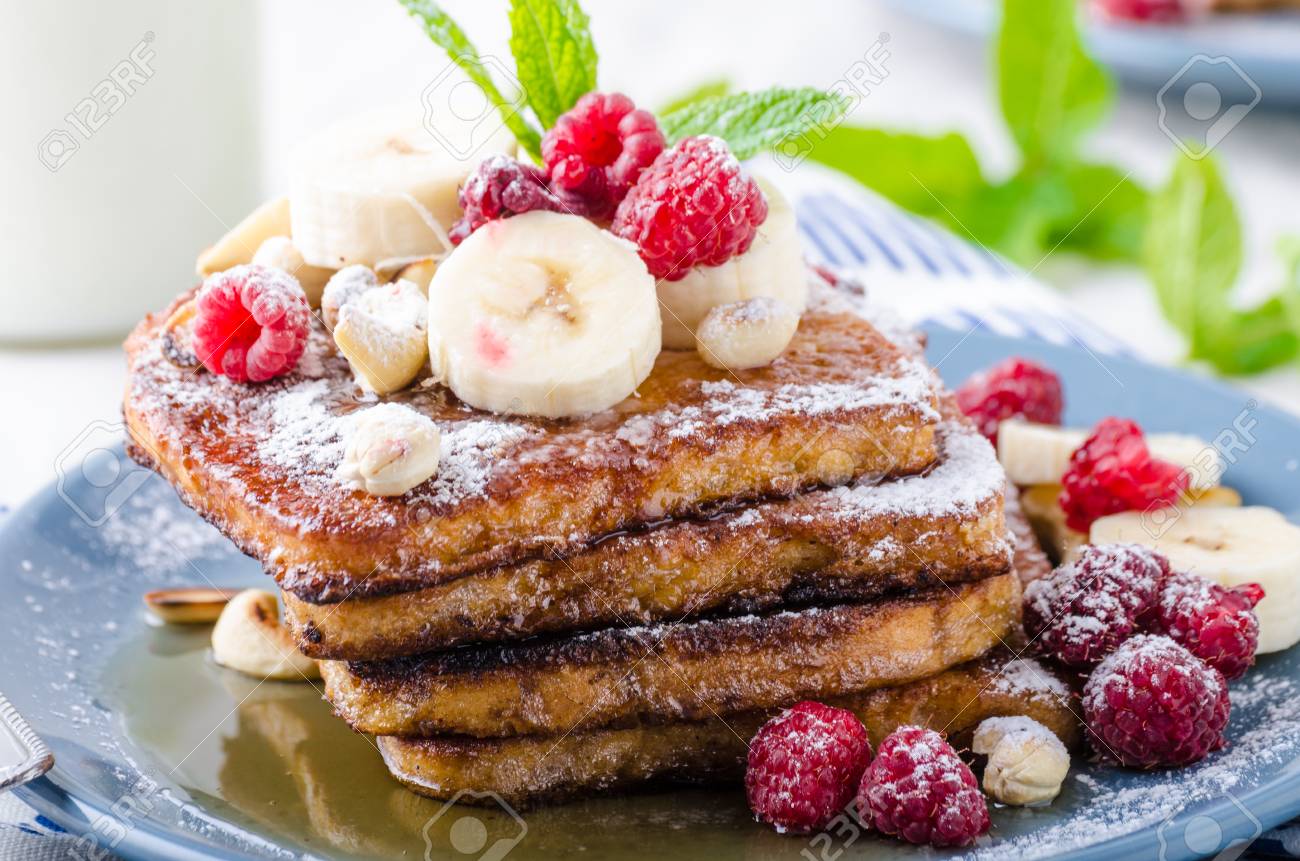 French Toast With Banana Forest Fruit And Maple Syrup And Milk Stock Photo Picture And Royalty Free Image Image 60856068