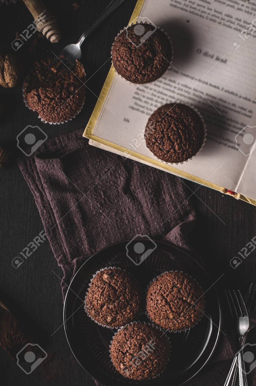 Chocolate Muffins Photography, Vintage Food Photography, Delish Dessert  Stock Photo, Picture and Royalty Free Image. Image 113895793., image size:861x1300