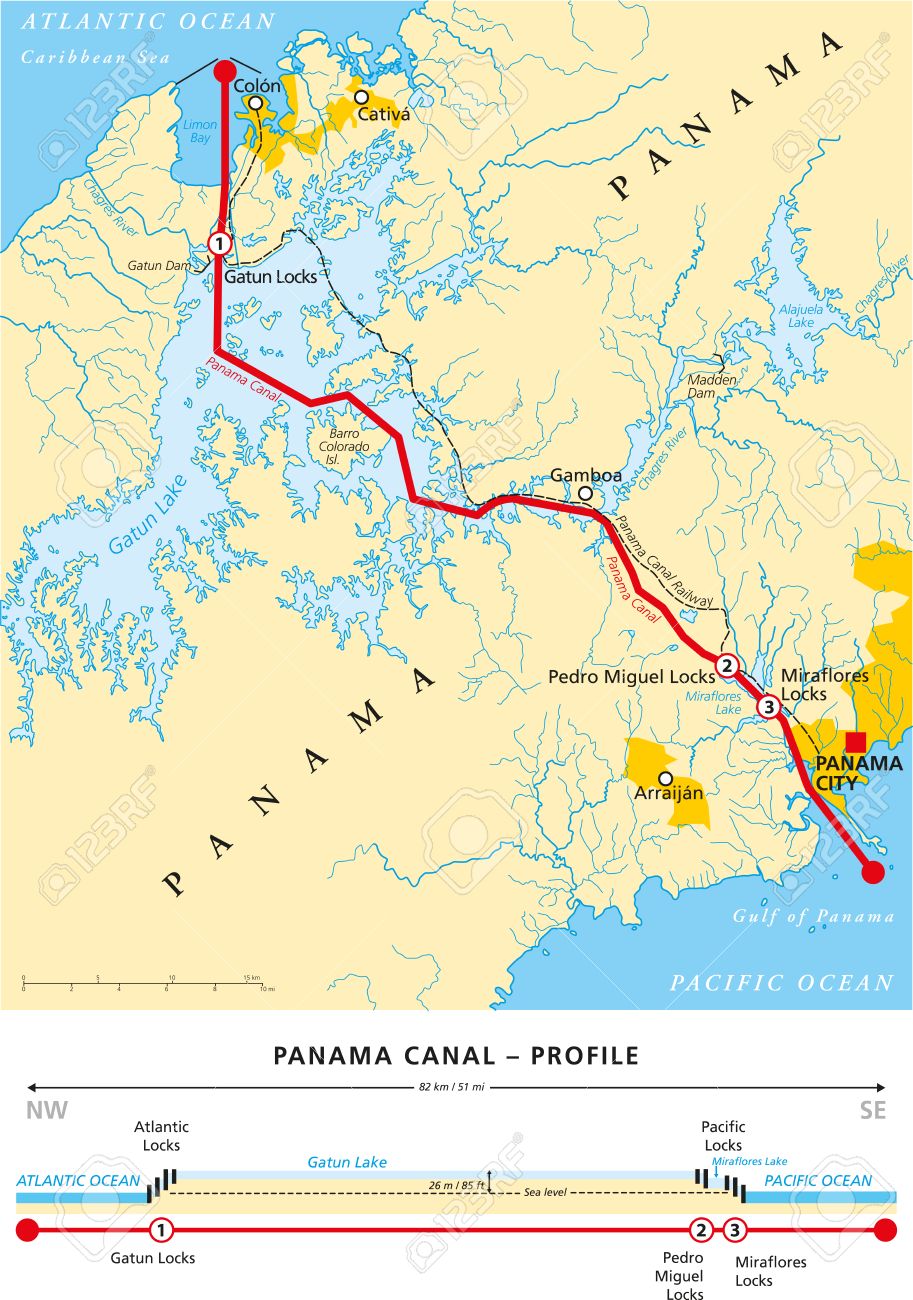 Vettoriale Mappa Politica Del Canale Di Panama Con Sezione Trasversale Citta Fiumi E Laghi Illustrazione Vettoriale Con Etichettatura Inglese Descrizione E Scala Image