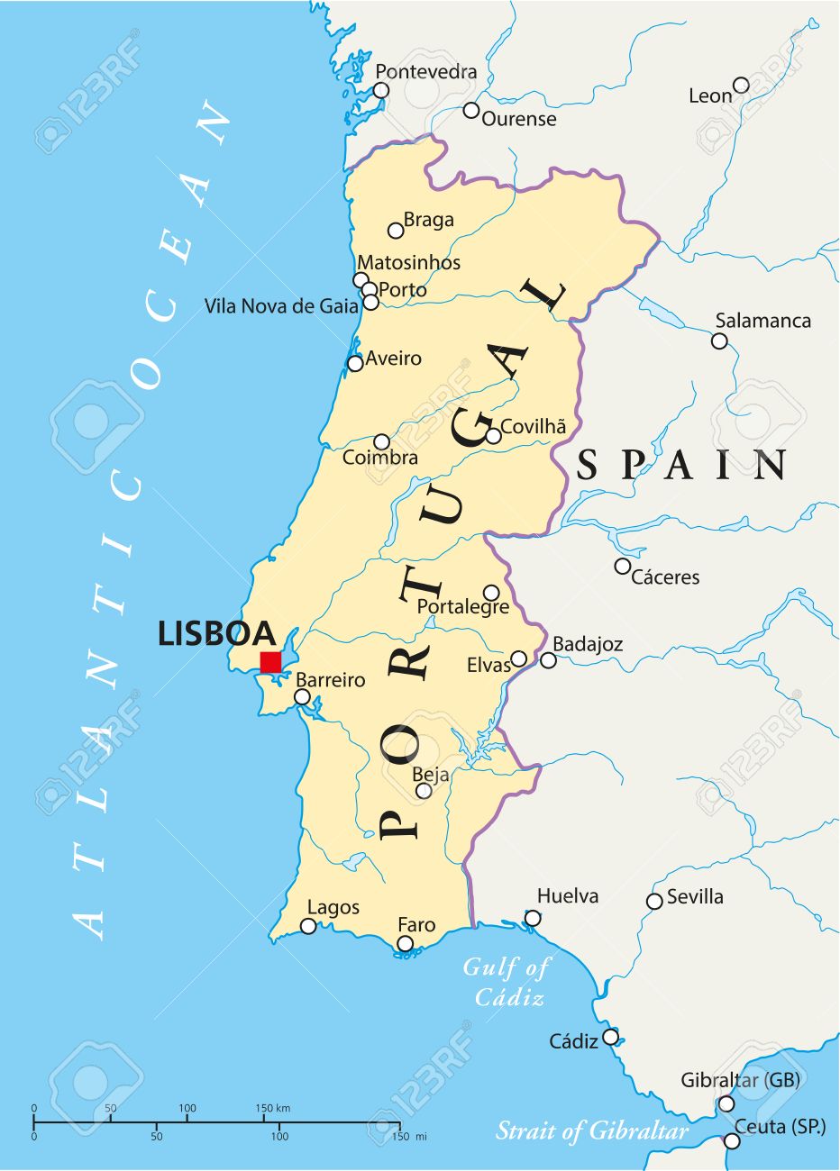 Portugal Mapa Político Con Un Capital De Lisboa, Las Fronteras Nacionales, Las Ciudades Más Importantes, Ríos Y Lagos Ilustraciones svg, vectoriales, clip art vectorizado libre de derechos. Image 29090801