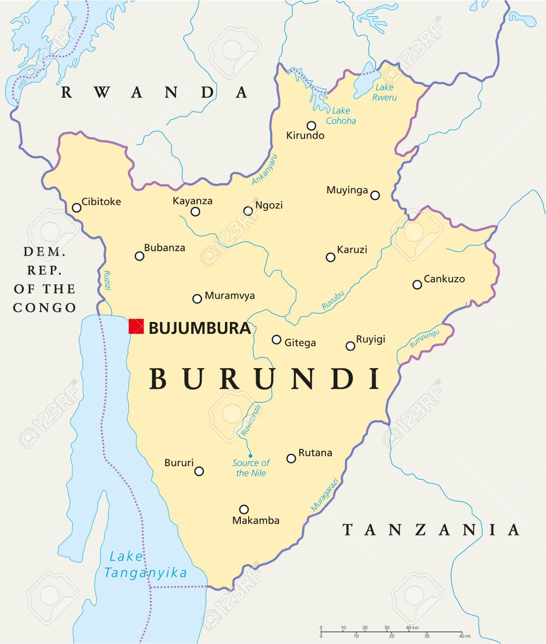 burundi mapa Burundi Political Map With Capital Bujumbura, National Borders  burundi mapa