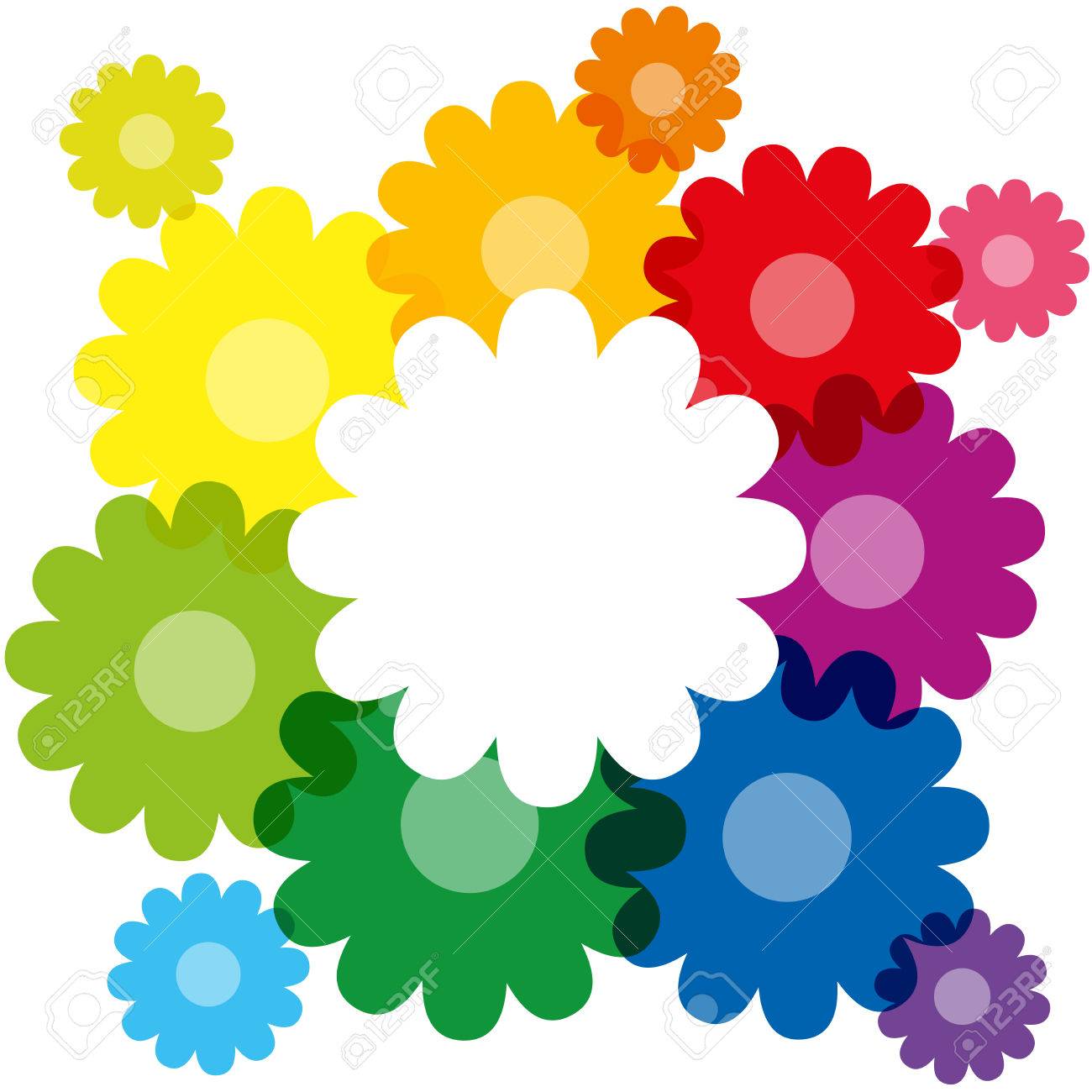 虹色の花のカラフルな花束とテキストを書き込むことでフレームを形成し