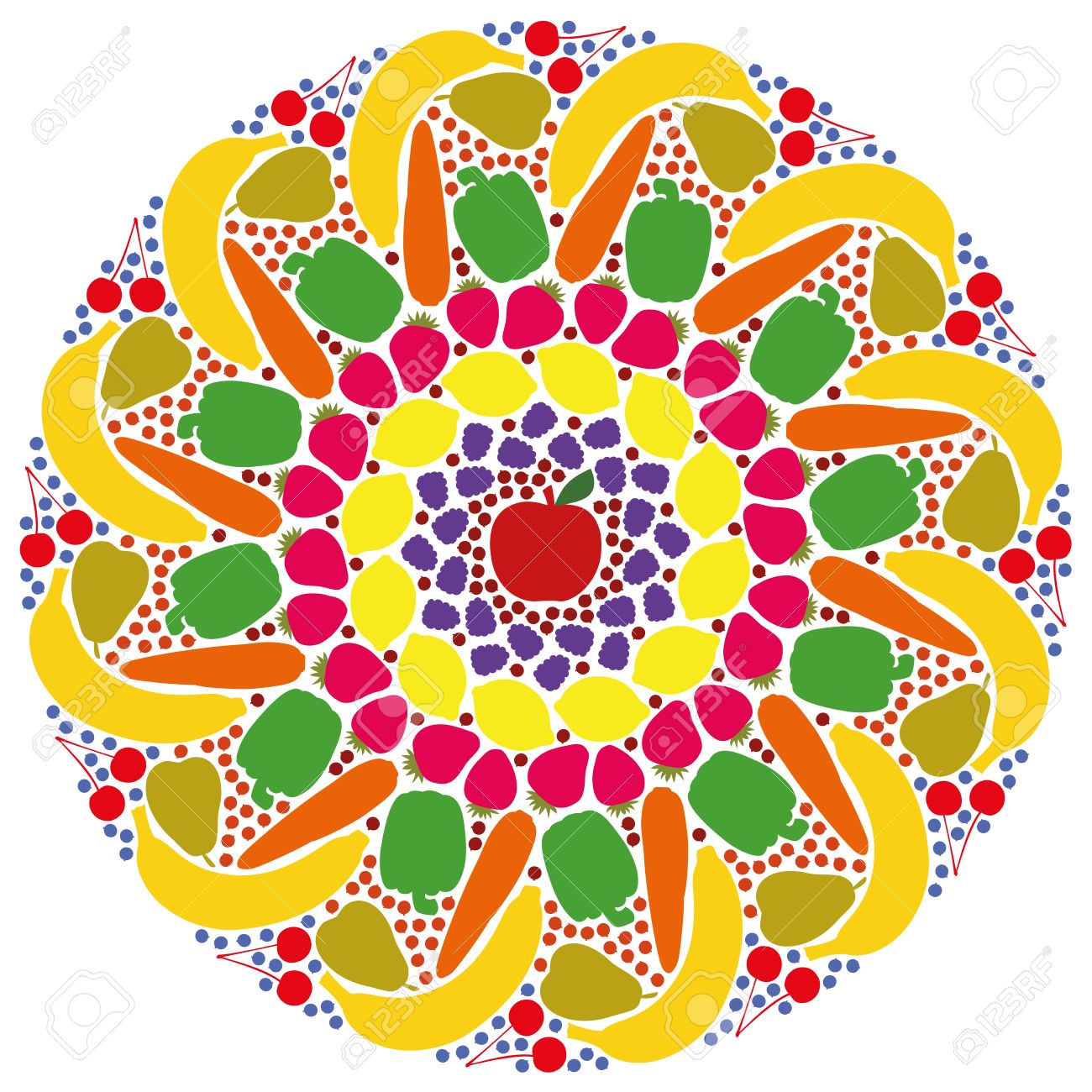 Mandala Out Of Colorful Fruits And Vegetables Isolated Vector Illustration On White Background Stock
