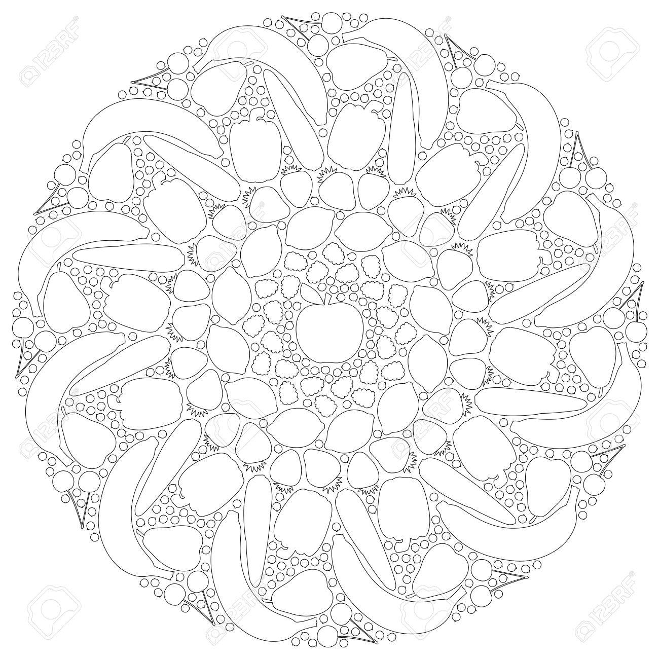 Fruits And Vegetables Mandala That Can Be Colored Isolated Vector Illustration On White Background