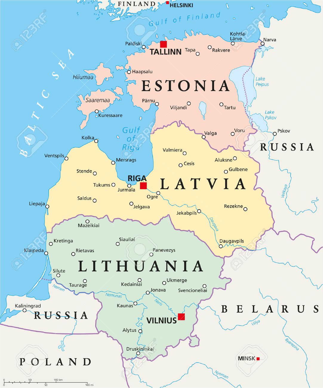 Baltischen Staaten Politische Karte Estland Lettland Und Litauen Mit Hauptstadten Tallinn Riga Und Vilnius Mit Nationalen Grenzen Wichtige Stadte Flusse Und Seen Englisch Kennzeichnung Und Skalierung Lizenzfrei Nutzbare Vektorgrafiken Clip