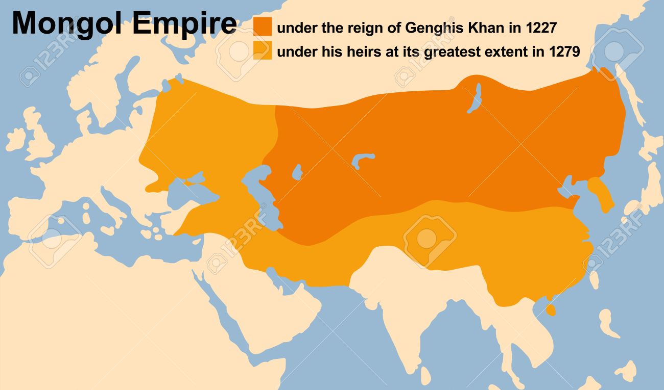 Genghis Khans Mongol Empire in 1227 and at its greatest extent in 1279. Vector illustration