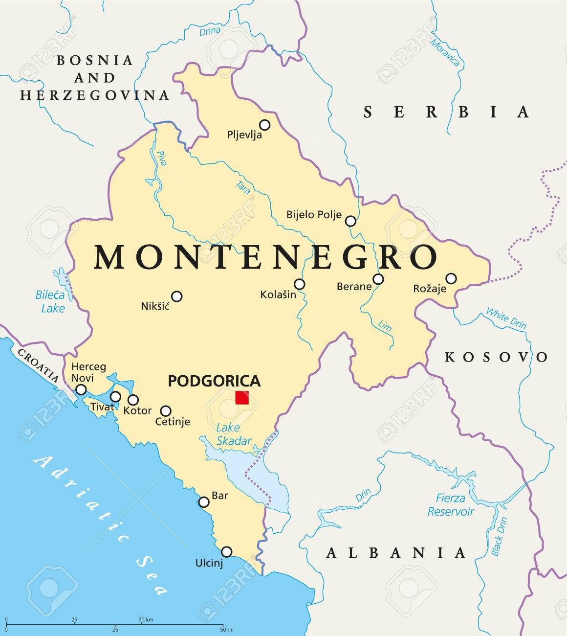 Montenegro Political Map With Capital Podgorica National Borders Important Cities Rivers And Lakes Montenegro Political Map With Capital Podgorica National Borders Important Cities Rivers And Lakes