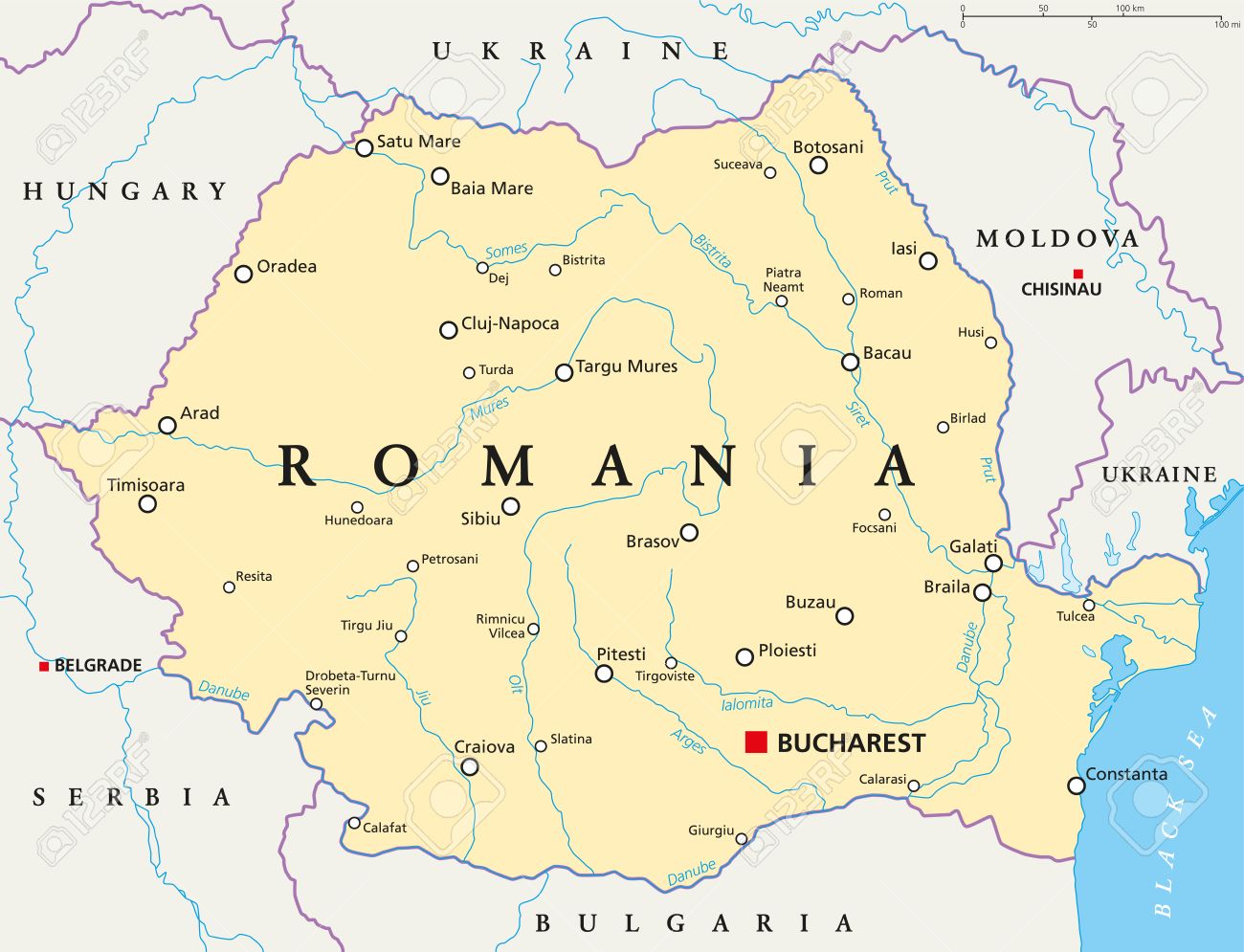 Politische Rumanien Karte Mit Der Hauptstadt Bukarest Die Nationalen Grenzen Wichtige Stadte Flusse Und Seen Englisch Beschriftung Und Skalierung Illustration Lizenzfrei Nutzbare Vektorgrafiken Clip Arts Illustrationen Image 46415166