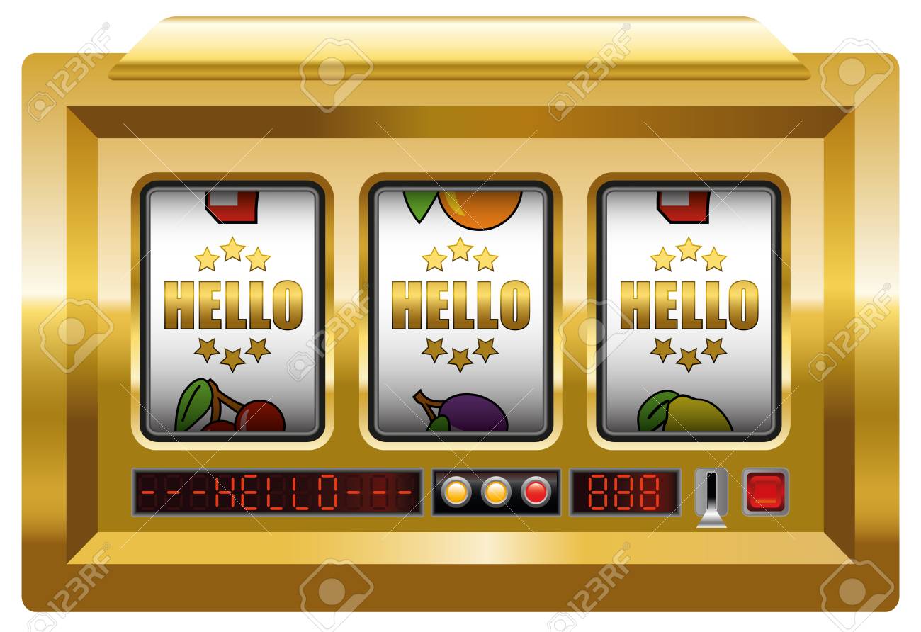 黄金こんにちは ビジネス用語 こんにちはゴールデンにレタリング 3 リールのスロット マシン 白の背景にベクトル画像を分離しました のイラスト素材 ベクタ Image