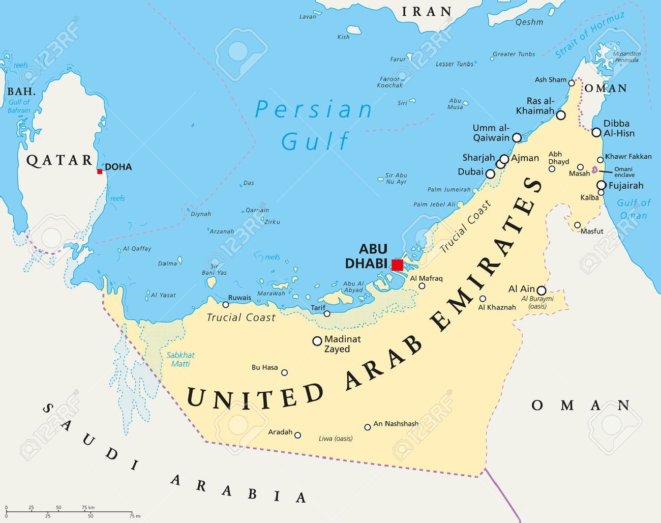 UAE 아랍 에미리트 수도지도 아부 다비, 국경, 중요 도시 및 수역. 영어 라벨링 및 스케일링. 삽화. 로열티 무료 사진, 그림,  이미지 그리고 스톡포토그래피. Image 55043409