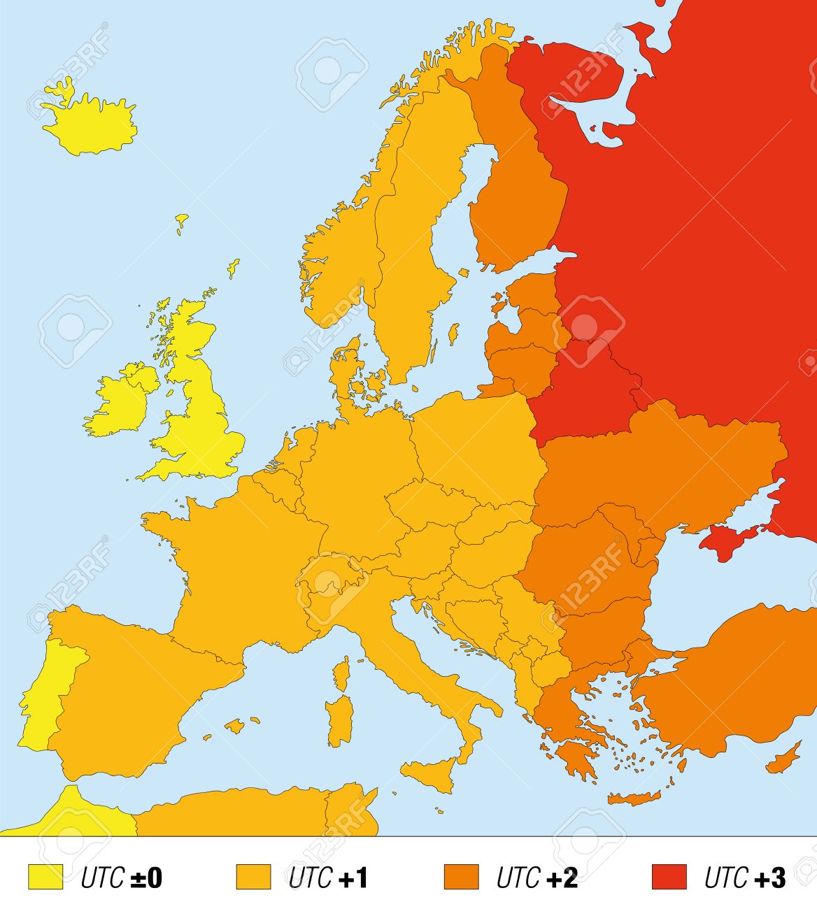 ヨーロッパ標準時のタイム ゾーンのマップ。時刻の UTC、さらにそれぞれの国の時間を追加します。のイラスト素材・ベクター Image 58785000