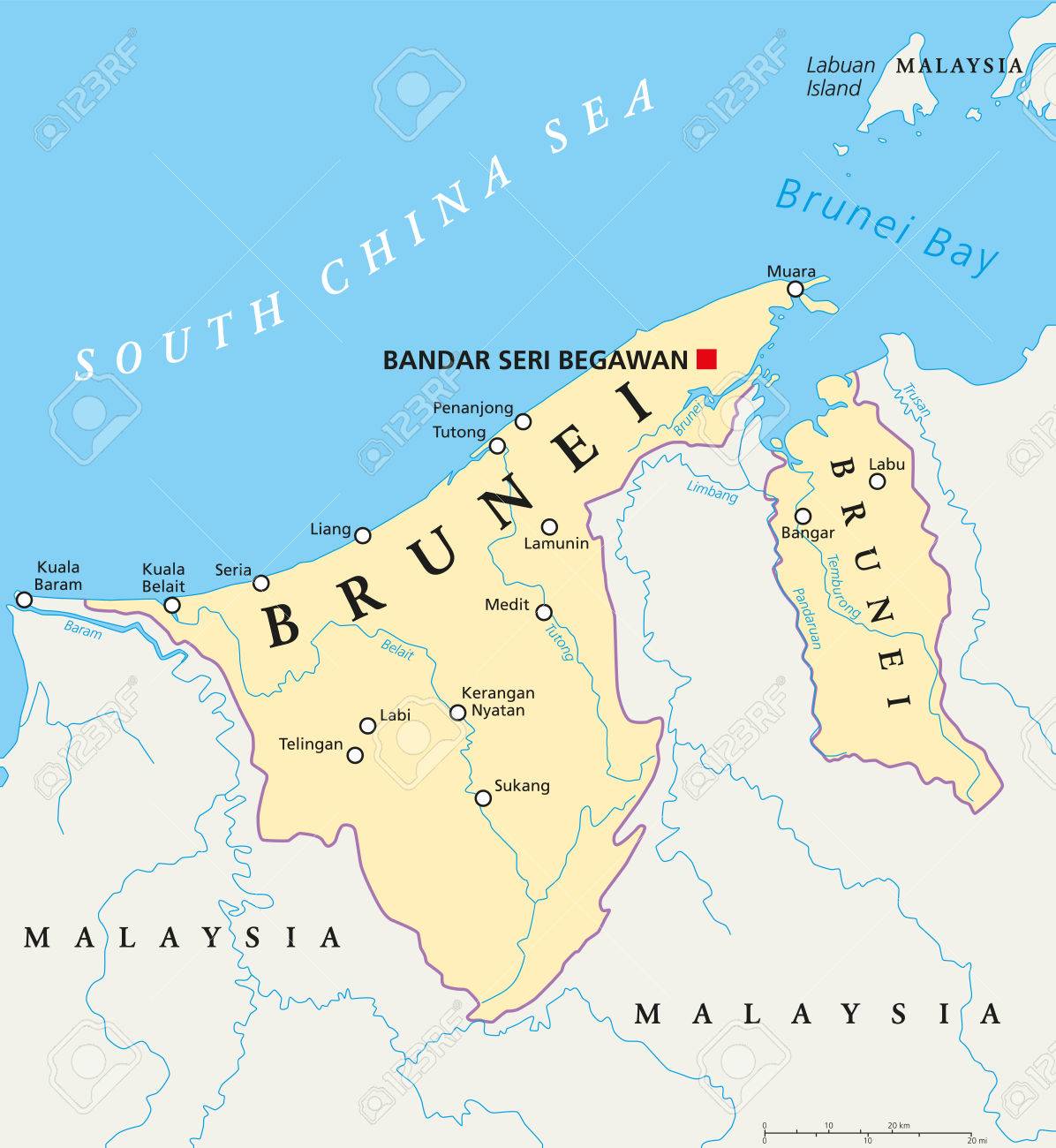 Brunei Political Map With Capital Bandar Seri Begawan, National Borders,  Cities And Rivers. Sovereign State On The North Coast Of Borneo, Malaysia  In Southeast Asia. English Labeling. Illustration. 免版税剪贴画，向量插图和库存图片. Image  60673893