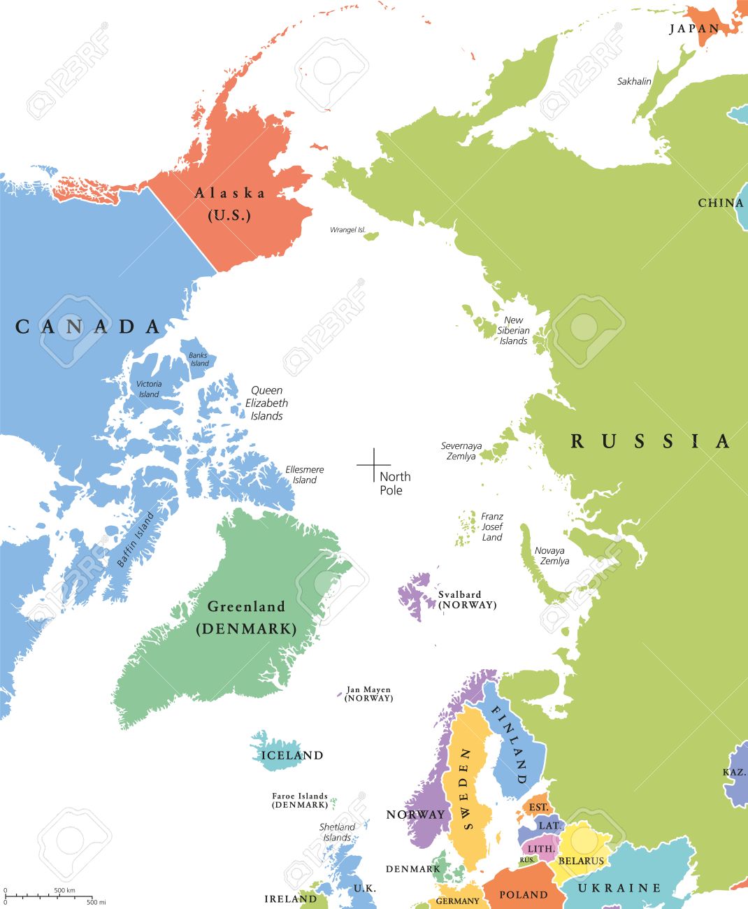 Arctic Region Single States And North Pole Political Map Nations In Different Colors With National Borders And Country Names Arctic Ocean Without Sea Ice English Labeling And Scaling Illustration Royalty Free Cliparts