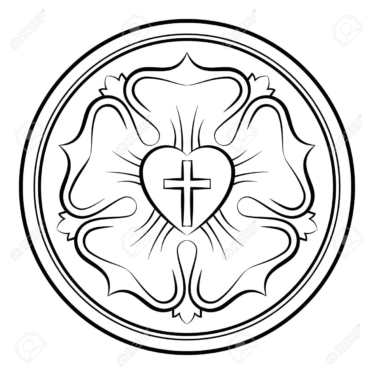 Luther rose monochrome calligraphic illustration. Also Luther seal, symbol of Lutheranism. Expression of theology and faith of Martin Luther, consisting of a cross, an heart, a single rose and a ring. - 64063640 Luther rose monochrome calligraphic illustration. Also Luther seal, symbol of Lutheranism. Expression of theology and faith of Martin Luther, consisting of a cross, an heart, a single rose and a ring. - 64063640