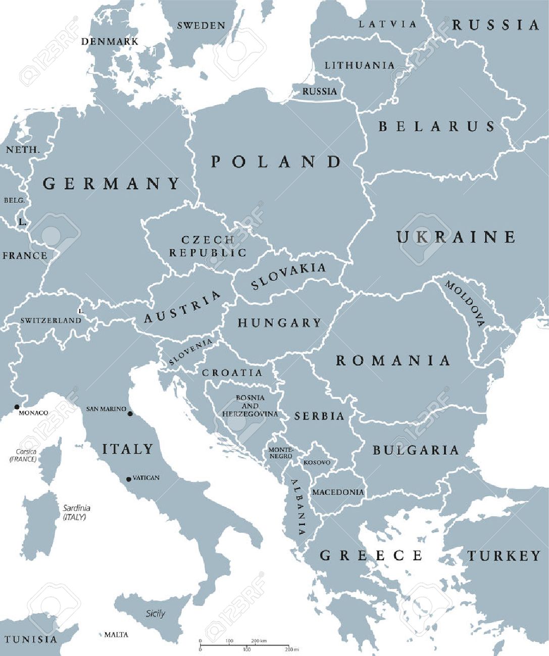 Pays D Europe Centrale Carte Politique Avec Des Frontieres Nationales Illustration Gris Avec Marquage Anglais Et Mise A L Echelle Sur Fond Blanc Clip Art Libres De Droits Vecteurs Et Illustration Image