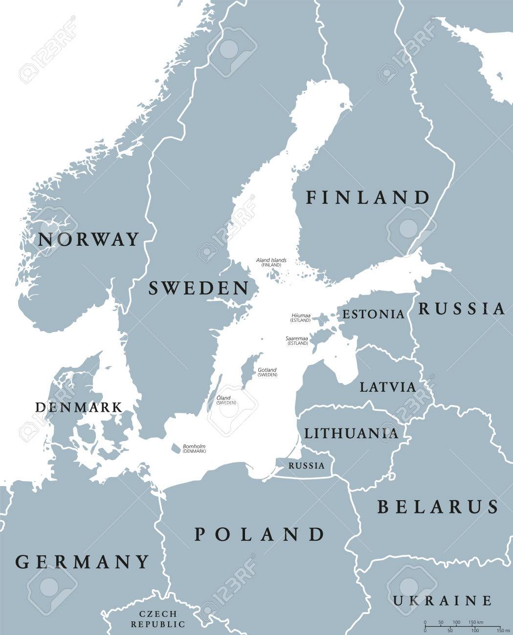 国境とバルト海周辺国政治地図 国 スカンジナビアの状態 英語ラベルとスケーリングします 白い背景の灰色の図 のイラスト素材 ベクタ Image