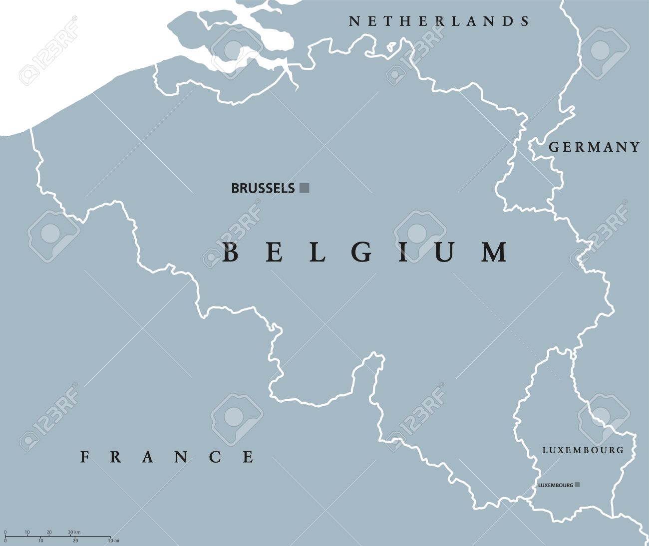 belgium and luxembourg political map with capitals brussels and luxembourg with national borders and neighbor